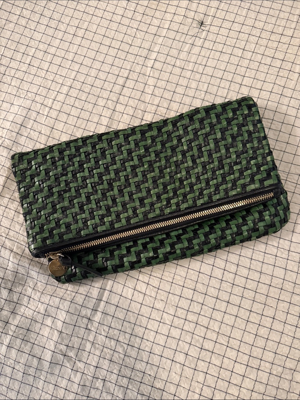 Clare V Green and Black Woven Leather Clutch